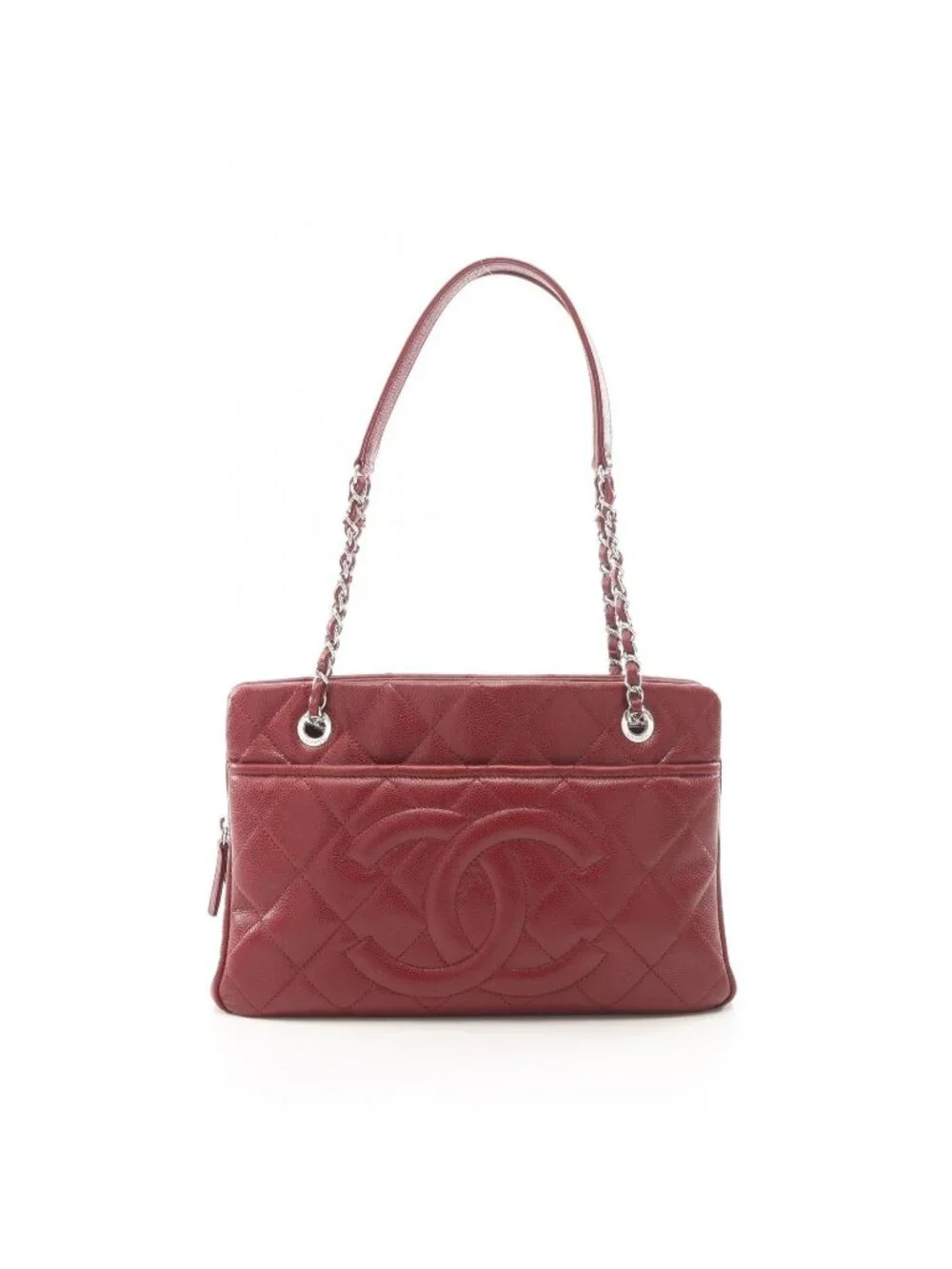 Chanel Tote Quilted Wine Red Caviar Leather CC Logo Chain